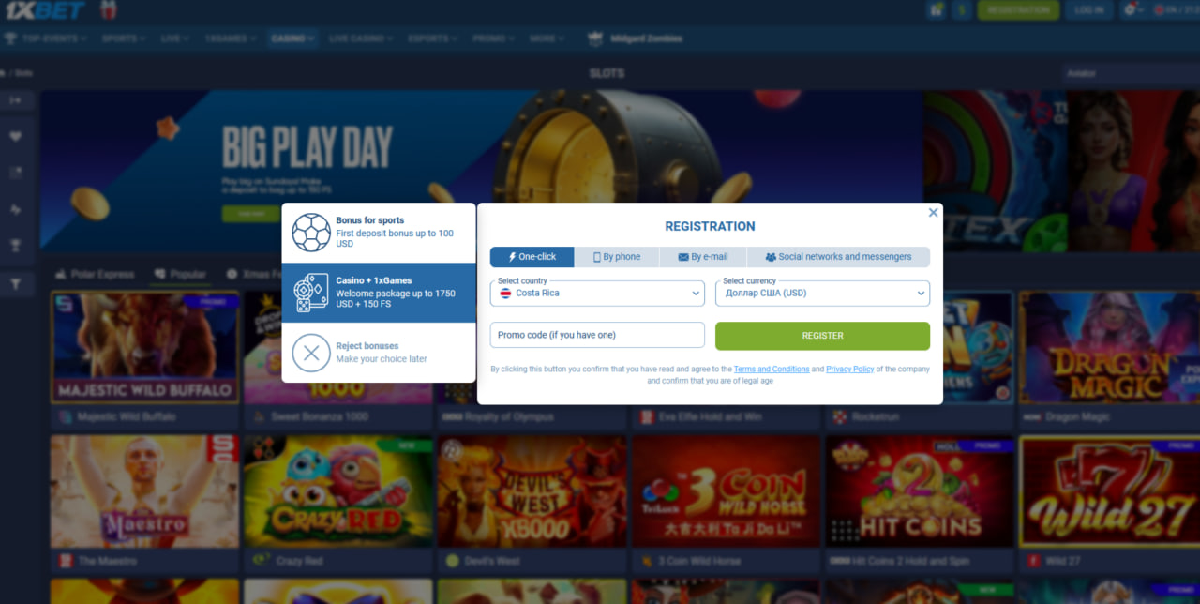Account registration and login process on 1xBet