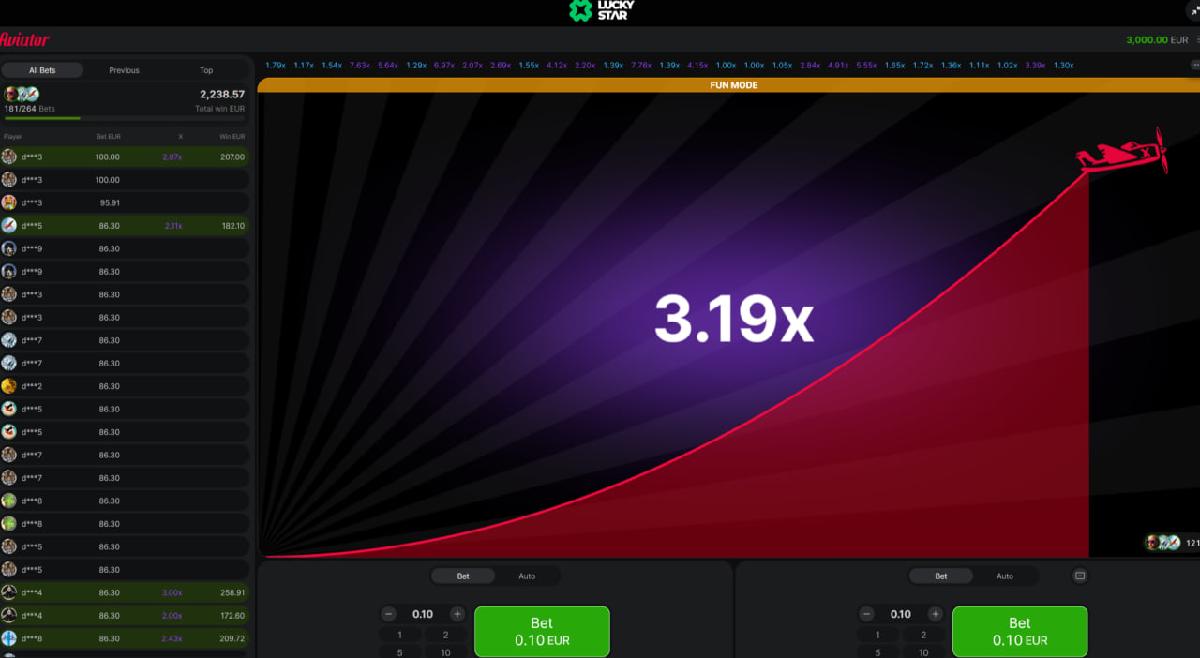 Aviator crash game interface with rising multiplier and live bets