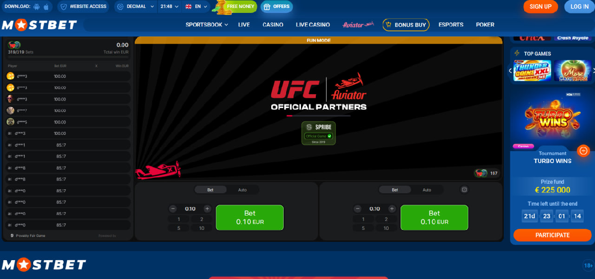 Aviator game interface on Mostbet