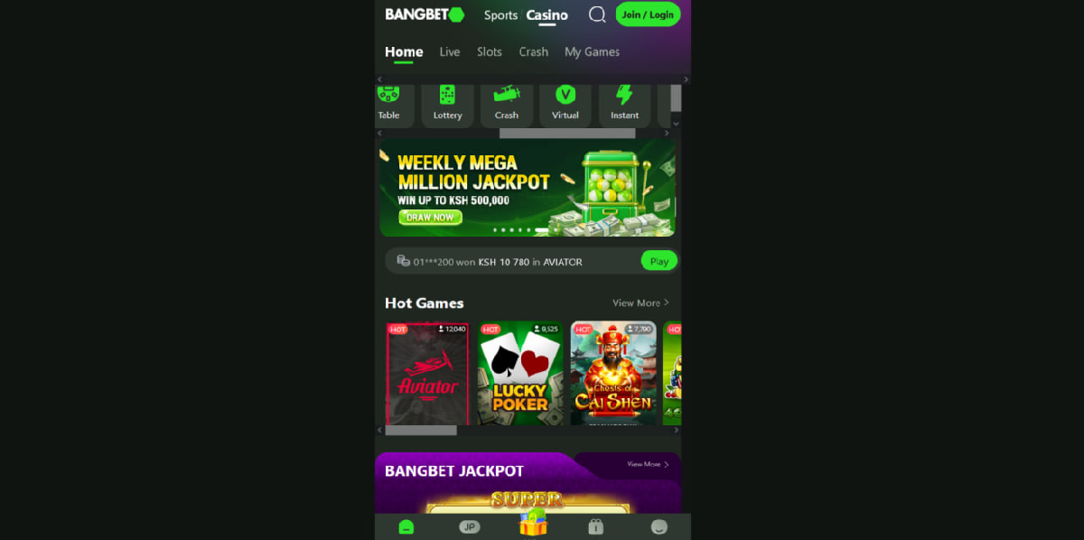 Bangbet platform interface and key features overview
