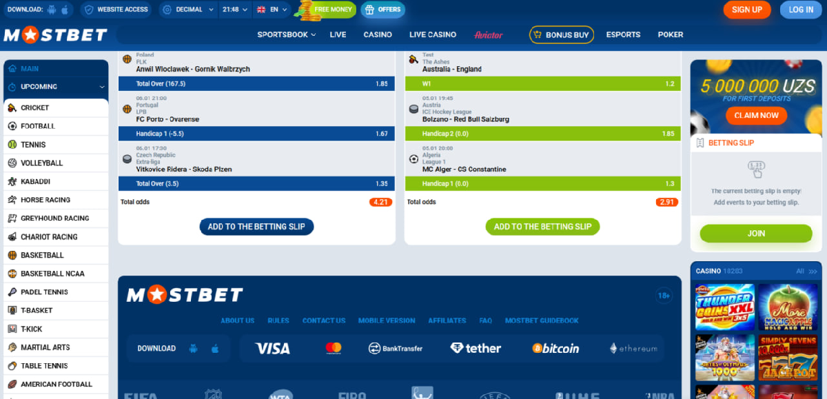Deposits and withdrawals on Mostbet platform
