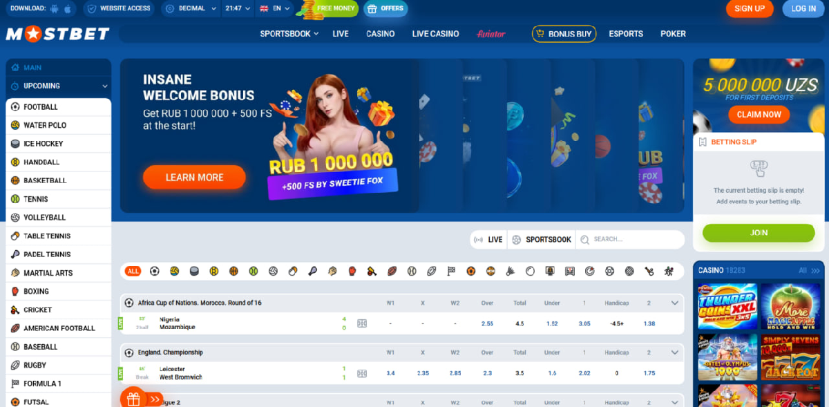 Mostbet registration and welcome bonus screen