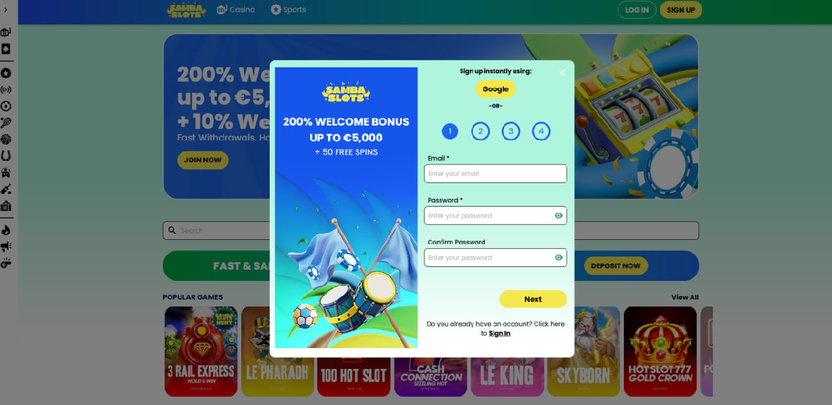 Registration process at Samba Slots casino
