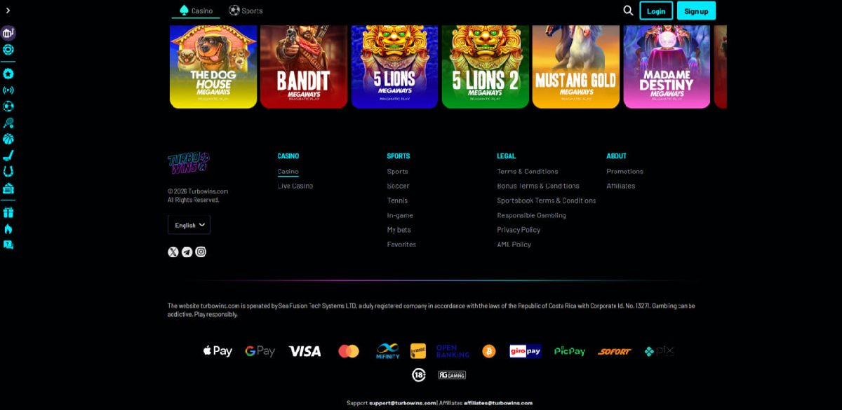 Deposits and payment methods at Turbo Wins