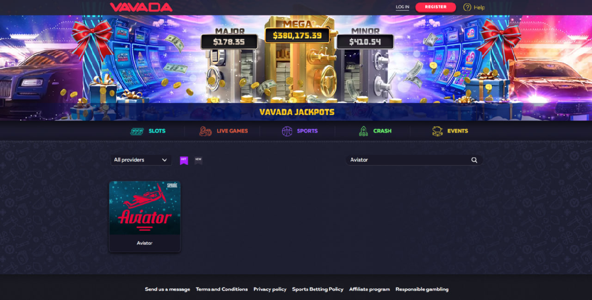 Vavada casino interface and main game sections
